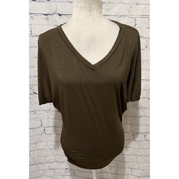 Made by Johnny V Neck Short Sleeve Dolman Top with Side Shirring M OLIVE - Picture 1 of 6